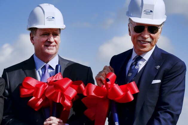NFL Commissioner Roger Goodell, left joins Los Angeles Rams owner Stan Kroenke, during the groundbreaking for the team's new stadium and entertainment district in Inglewood, Calif. on Thursday, Nov. 17, 2016. (AP Photo/Richard Vogel)