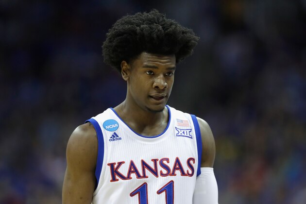 KANSAS CITY, MO - MARCH 23:  Josh Jackson #11 of the Kansas Jayhawks reacts in the second half against the Purdue Boilermakers during the 2017 NCAA Men's Basketball Tournament Midwest Regional at Sprint Center on March 23, 2017 in Kansas City, Missouri.  (Photo by Jamie Squire/Getty Images)