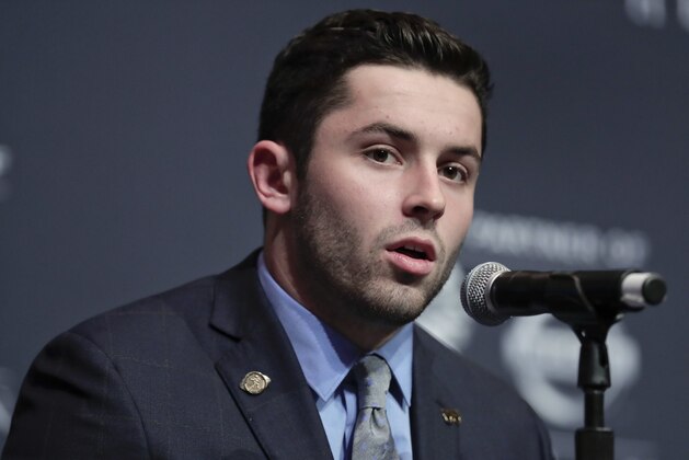 Oklahoma's Baker Mayfield answers questions during a news conference before attending the Heisman Trophy award ceremony Saturday, Dec. 10, 2016, in New York. (AP Photo/Julie Jacobson)
