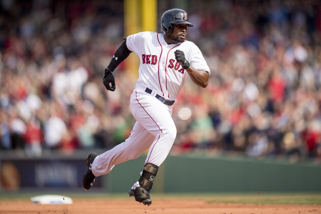 BOSTON, MA - APRIL 3: Jackie Bradley Jr. #19 of the Boston Red Sox rounds second base after hitting a triple during the fifth inning of the home opener against the Pittsburgh Pirates on April 3, 2017 at Fenway Park in Boston, Massachusetts. (Photo by Billie Weiss/Boston Red Sox/Getty Images)
