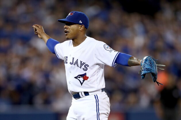 TORONTO, ON - OCTOBER 17:  Marcus Stroman #6 of the Toronto Blue Jays reacts against the Cleveland Indians during game three of the American League Championship Series at Rogers Centre on October 17, 2016 in Toronto, Canada.  (Photo by Elsa/Getty Images)