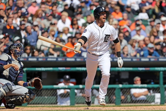 DETROIT, MI - APRIL 12: Andrew Romine #17 of the Detroit Tigers hits a fourth inning grand slam during the game against the Minnesota Twins on April 12, 2017 at Comerica Park in Detroit, Michigan. (Photo by Leon Halip/Getty Images)