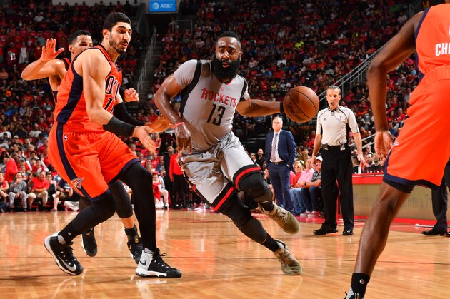 HOUSTON, TX - MARCH 26:  James Harden #13 of the Houston Rockets drives to the basket against the Oklahoma City Thunder on March 26, 2017 at the Toyota Center in Houston, Texas. NOTE TO USER: User expressly acknowledges and agrees that, by downloading and/or using this photograph, user is consenting to the terms and conditions of the Getty Images License Agreement. Mandatory Copyright Notice: Copyright 2017 NBAE (Photo by Jesse D. Garrabrant/NBAE via Getty Images)