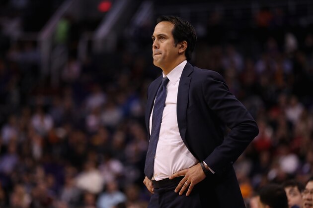 PHOENIX, AZ - JANUARY 03:  Head coach Erik Spoelstra of the Miami Heat follows the play during the first half of the NBA game against the Phoenix Suns at Talking Stick Resort Arena on January 3, 2017 in Phoenix, Arizona.  NOTE TO USER: User expressly acknowledges and agrees that, by downloading and or using this photograph, User is consenting to the terms and conditions of the Getty Images License Agreement.  (Photo by Christian Petersen/Getty Images)