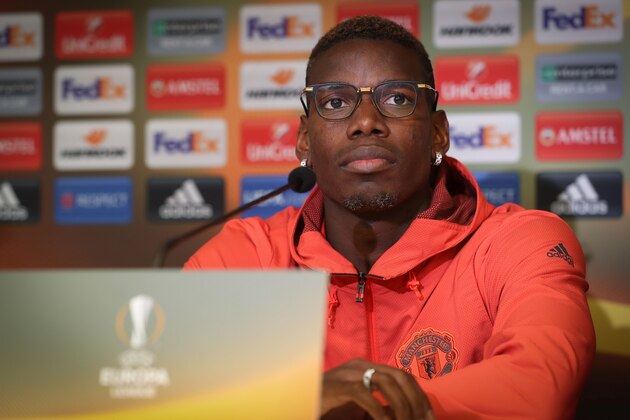 Manchester's French midfielder Paul Pogba takes part in a press conference during on April 12, 2017 on the eve of the Europa League football match between Anderlecht and Manchester. / AFP PHOTO / BELGA / VIRGINIE LEFOUR / Belgium OUT        (Photo credit should read VIRGINIE LEFOUR/AFP/Getty Images)