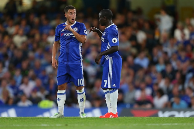 LONDON, ENGLAND - AUGUST 15: Eden Hazard of Chelsea talks to Ngolo Kante of Chelsea during the Premier League match between Chelsea and West Ham United at Stamford Bridge on August 15, 2016 in London, England. (Photo by Catherine Ivill - AMA/Getty Images)