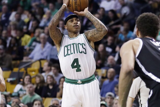 Boston Celtics guard Isaiah Thomas (4) shoots during the second half of an NBA basketball game in Boston, Monday, April 10, 2017. The Celtics defeated the Nets 114-105. (AP Photo/Charles Krupa)