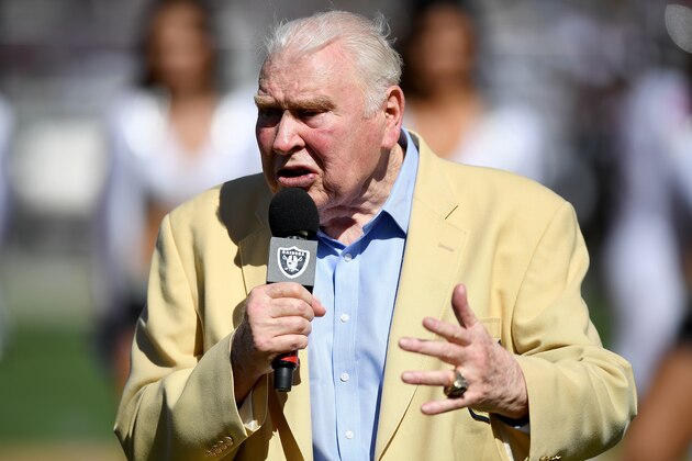 OAKLAND, CA - SEPTEMBER 18:  Former Oakland Raiders head coach John Madden wearing his Hall of Fame Jacket speaks to the fans during the un vailing of the Hall of Fame busts for former Raider and teammate Ken Stabler at halftime of an NFL game between the Atlanta Falcons and Oakland Raiders at the Oakland-Alameda County Coliseum on September 18, 2016 in Oakland, California.  (Photo by Thearon W. Henderson/Getty Images)
