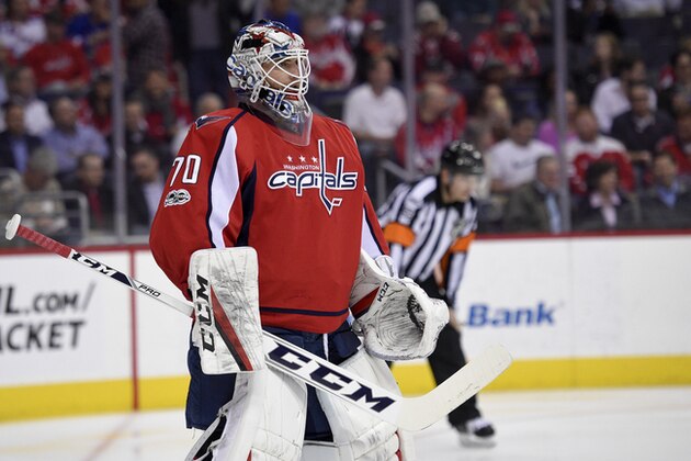 Washington Capitals goalie Braden Holtby (70) looks on during the first period of an NHL hockey game against the New York Rangers, Wednesday, April 5, 2017, in Washington. (AP Photo/Nick Wass)