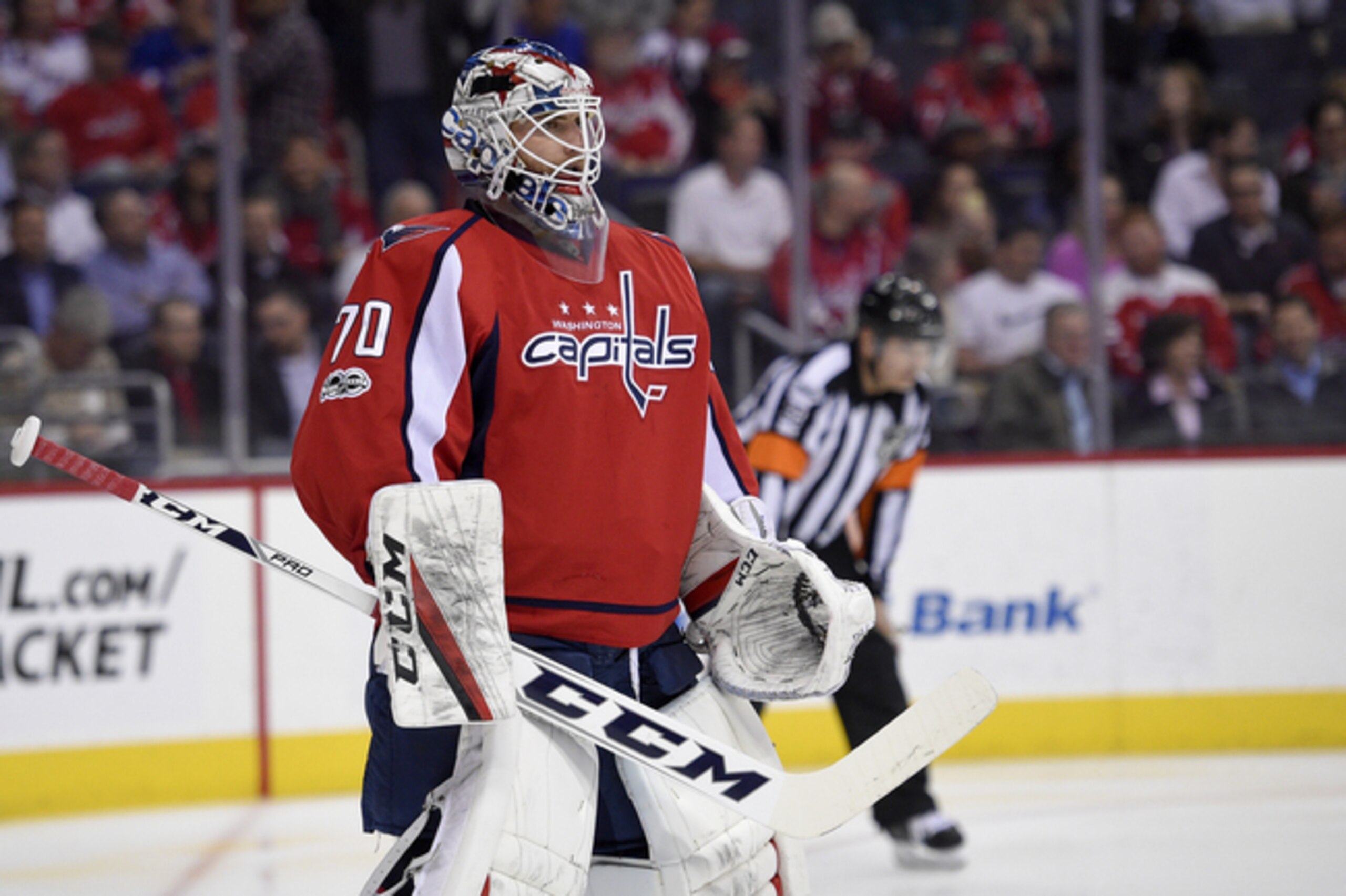 Washington Capitals goalie Braden Holtby (70) looks on during the first period of an NHL hockey game against the New York Rangers, Wednesday, April 5, 2017, in Washington. (AP Photo/Nick Wass)