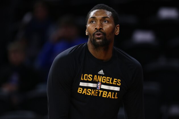 AUBURN HILLS, MI - FEBRUARY 8: Metta World Peace #37 of the Los Angeles Lakers warms up prior to the game against the Detroit Pistons at the Palace of Auburn Hills on February 8, 2017 in Auburn Hills, Michigan. NOTE TO USER: User expressly acknowledges and agrees that, by downloading and or using this photograph, User is consenting to the terms and conditions of the Getty Images License Agreement. (Photo by Rey Del Rio/Getty Images)