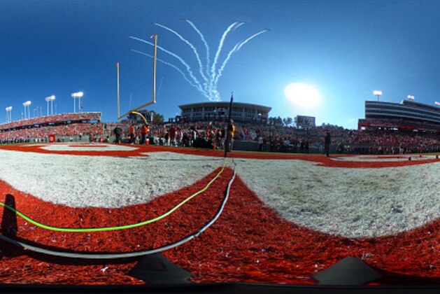 RALEIGH, NC - NOVEMBER 19: (EDITOR'S NOTE: Image was created as an Equirectangular Panorama. Import image into a panoramic player to create an interactive 360 degree view.) A 360-degree view as planes fly overhead prior to the game between the Miami Hurricanes and the North Carolina State Wolfpack at Carter-Finley Stadium on November 19, 2016 in Raleigh, North Carolina. Miami won 27-13. (Photo by Lance King/Getty Images)