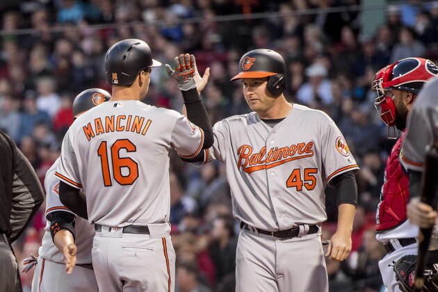 BOSTON, MA - APRIL 12: Trey Mancini #16 of the Baltimore Orioles high fives Mark Trumbo #45 after hitting a home run during the first inning of  a game against the Boston Red Sox April 12, 2017 at Fenway Park in Boston, Massachusetts. (Photo by Billie Weiss/Boston Red Sox/Getty Images)