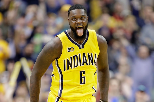 INDIANAPOLIS, IN - APRIL 04:  Lance Stephenson #6 of the Indiana Pacers celebrates during the 108-90 win over the Toronto Raptors at Bankers Life Fieldhouse on April 4, 2017 in Indianapolis, Indiana.   NOTE TO USER: User expressly acknowledges and agrees that, by downloading and or using this photograph, User is consenting to the terms and conditions of the Getty Images License Agreement  (Photo by Andy Lyons/Getty Images)