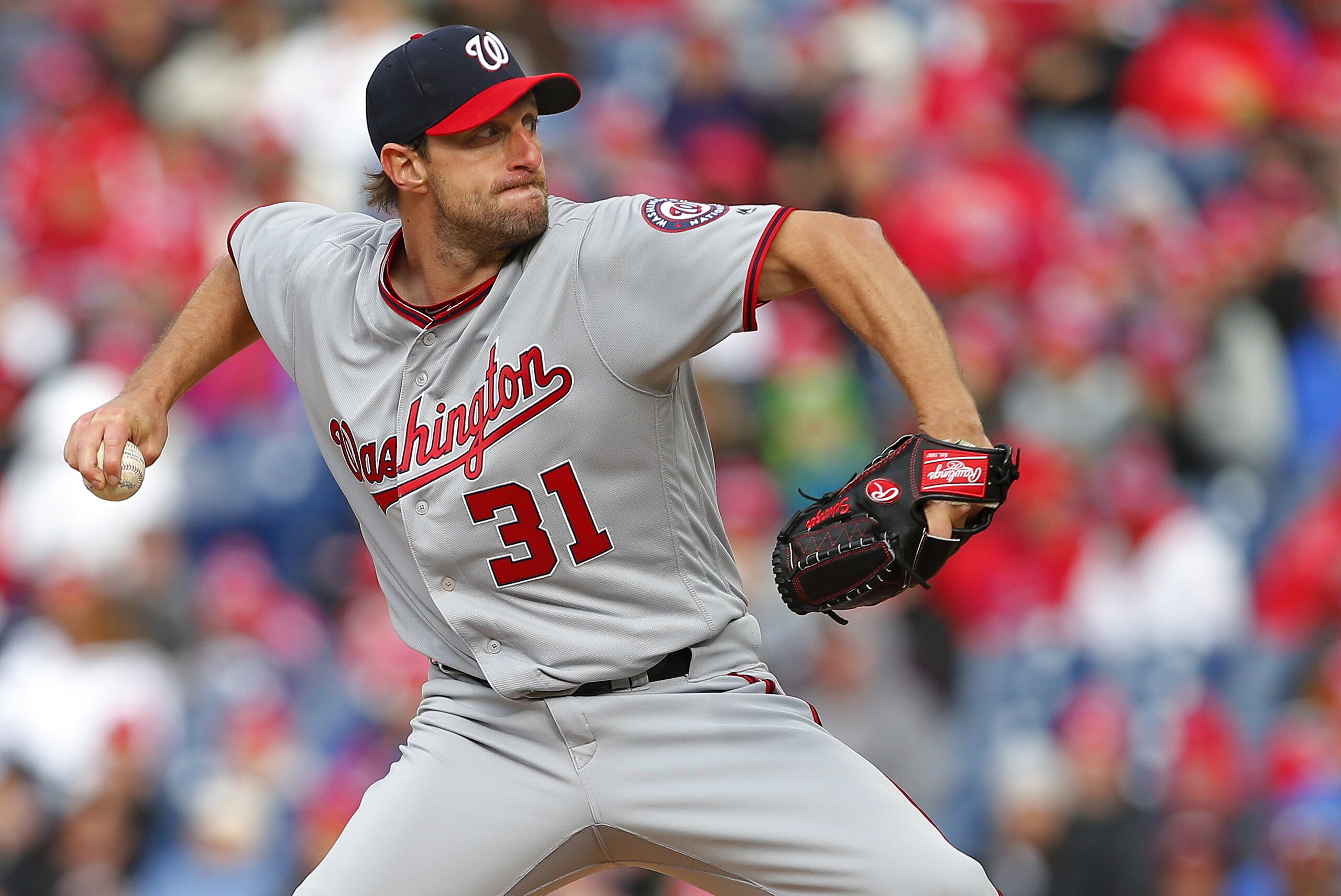 PHILADELPHIA, PA - APRIL 07: Pitcher Max Scherzer #31 of the Washington Nationals delivers a pitch during an MLB game against the Philadelphia Phillies at Citizens Bank Park on April 7, 2017 in Philadelphia, Pennsylvania. (Photo by Rich Schultz/Getty Images)