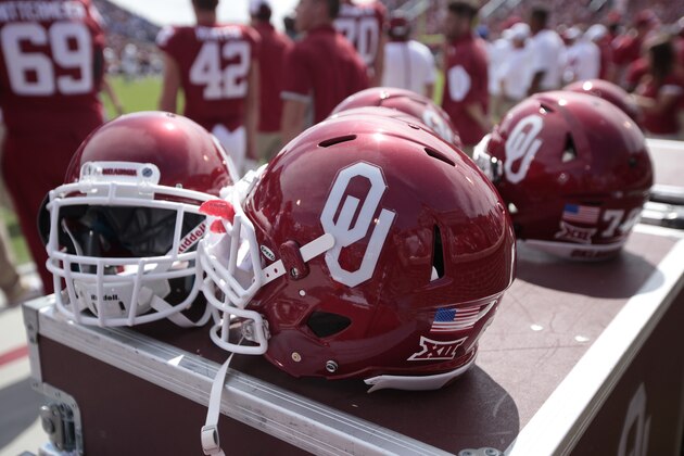 NORMAN, OK - SEPTEMBER 19:  Oklahoma Sooners helmets before the game against the Tulsa Golden Hurricane September 19, 2015 at Gaylord Family-Oklahoma Memorial Stadium in Norman, Oklahoma. Oklahoma defeated Tulsa 52-38.(Photo by Brett Deering/Getty Images)