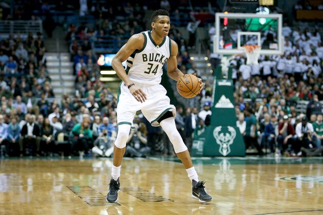 MILWAUKEE, WI - APRIL 10:  Giannis Antetokounmpo #34 of the Milwaukee Bucks dribbles the ball in the second quarter against the Charlotte Hornets at BMO Harris Bradley Center on April 10, 2017 in Milwaukee, Wisconsin. NOTE TO USER: User expressly acknowledges and agrees that , by downloading and or using this photograph, User is consenting to the terms and conditions of the Getty Images License Agreement. (Photo by Dylan Buell/Getty Images)