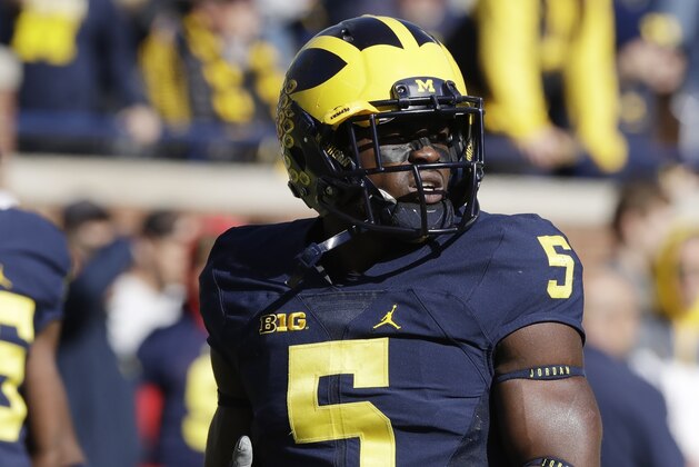 Michigan linebacker Jabrill Peppers (5) is seen during pre game of an NCAA college football game against Illinois, Saturday, Oct. 22, 2016 in Ann Arbor, Mich. (AP Photo/Carlos Osorio)