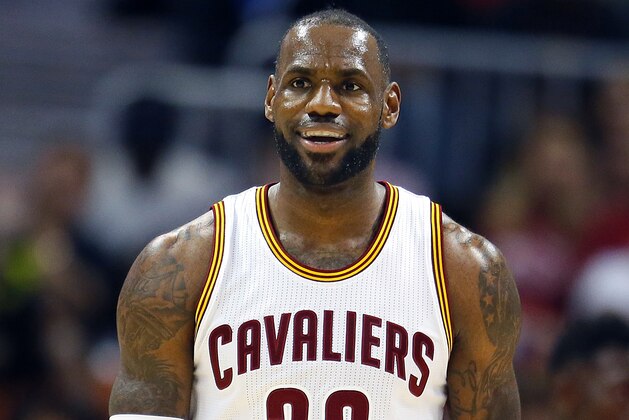 Cleveland Cavaliers forward LeBron James (23) reacts in the first half of an NBA basketball game against the Atlanta Hawks, Sunday, April 9, 2017, in Atlanta. (AP Photo/Todd Kirkland)