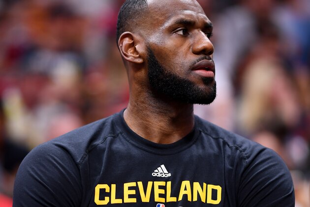 MIAMI, FL - APRIL 10: LeBron James #23 of the Cleveland Cavaliers looks on from the bench during the first half of the game against the Miami Heat at the American Airlines Arena on April 10, 2017 in Miami, Florida. NOTE TO USER: User expressly acknowledges and agrees that, by downloading and or using this photograph, User is consenting to the terms and conditions of the Getty Images License Agreement. (Photo by Rob Foldy/Getty Images)