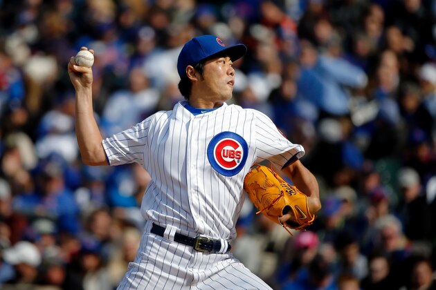 CHICAGO, IL - APRIL 13:  Koji Uehara #19 of the Chicago Cubs pitches against the Los Angeles Dodgers during the eighth inning at Wrigley Field on April 13, 2017 in Chicago, Illinois. The Chicago Cubs won 4-0.  (Photo by Jon Durr/Getty Images)