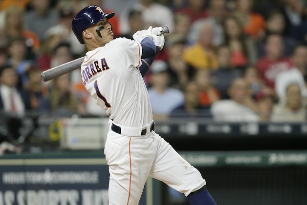 HOUSTON, TX - APRIL 05:  Carlos Correa #1 of the Houston Astros flies out ot right field in the third inning against the Seattle Mariners at Minute Maid Park on April 5, 2017 in Houston, Texas.  (Photo by Bob Levey/Getty Images)