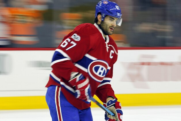 Montreal Canadiens' Max Pacioretty  before the start of an NHL hockey game, Thursday, Feb. 2, 2017 in Philadelphia. (AP Photo/Tom Mihalek)