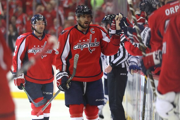 WASHINGTON, DC - APRIL 13: Alex Ovechkin #8 of the Washington Capitals celebrates teammate Justin Williams goal against the Toronto Maple Leafs in the first period in Game One of the Eastern Conference First Round during the 2017 NHL Stanley Cup Playoffs at Verizon Center on April 13, 2017 in Washington, DC. (Photo by Patrick Smith/Getty Images)
