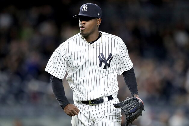 NEW YORK, NY - APRIL 13:  Luis Severino #40 of the New York Yankees celebrates after the last out in the sixth inning against the Tampa Bay Rays on April 13, 2017 at Yankee Stadium in the Bronx borough of New York City.  (Photo by Elsa/Getty Images)