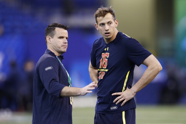 INDIANAPOLIS, IN - MARCH 04: Quarterback Davis Webb of California listens to instruction during day four of the NFL Combine at Lucas Oil Stadium on March 4, 2017 in Indianapolis, Indiana. (Photo by Joe Robbins/Getty Images)