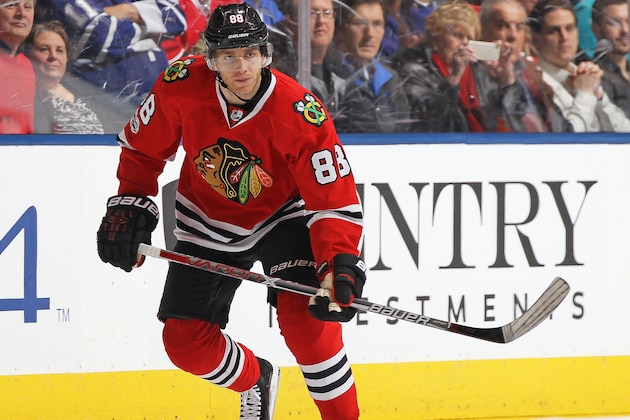 TORONTO, ON - MARCH 18:  Patrick Kane #88 of the Chicago Blackhawks skates against the Toronto Maple Leafs during an NHL game at the Air Canada Centre on March 18, 2017 in Toronto, Ontario, Canada. The Blackhawks defeated the Maple Leafs 2-1 in overtime. (Photo by Claus Andersen/Getty Images)