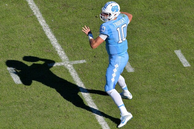 CHAPEL HILL, NC - NOVEMBER 05:  Mitch Trubisky #10 of the North Carolina Tar Heels drops back to pass during the game against the Georgia Tech Yellow Jackets at Kenan Stadium on November 5, 2016 in Chapel Hill, North Carolina.  (Photo by Grant Halverson/Getty Images)