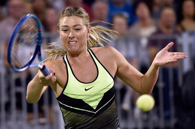 LAS VEGAS, NV - OCTOBER 10:  Tennis player Maria Sharapova competes during the World TeamTennis Smash Hits charity tennis event benefiting the Elton John AIDS Foundation at Caesars Palace on October 10, 2016 in Las Vegas, Nevada.  (Photo by David Becker/Getty Images)