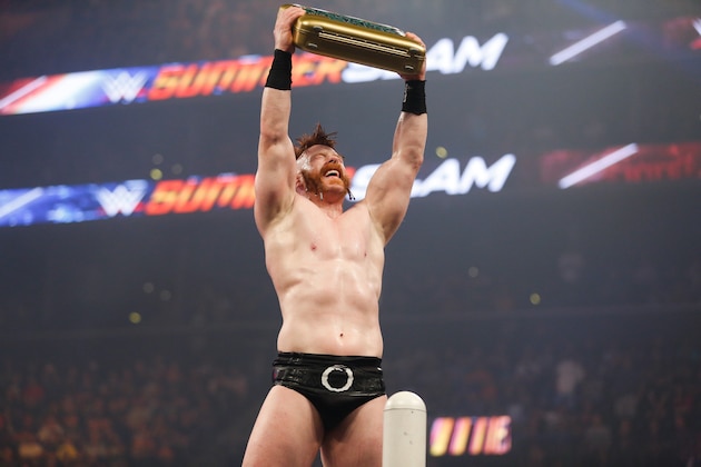 NEW YORK, NY - AUGUST 23:  Sheamus celebrates his victory at the WWE SummerSlam 2015  at Barclays Center of Brooklyn on August 23, 2015 in New York City.  (Photo by JP Yim/Getty Images)