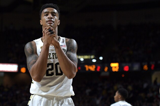 WINSTON-SALEM, NC - JANUARY 28: John Collins #20 of the Wake Forest Demon Deacons reacts during their game against the Duke Blue Devils at LJVM Coliseum Complex on January 28, 2017 in Winston-Salem, North Carolina. Duke won 85-83. (Photo by Lance King/Getty Images)