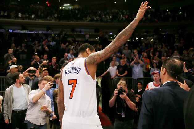 NEW YORK, NY - APRIL 12:  Carmelo Anthony #7 of the New York Knicks waves to the fans as he walks off the court after the 114-113 win over the Philadelphia 76ers at Madison Square Garden on April 12, 2017 in New York City. NOTE TO USER: User expressly acknowledges and agrees that, by downloading and or using this Photograph, user is consenting to the terms and conditions of the Getty Images License Agreement  (Photo by Elsa/Getty Images)