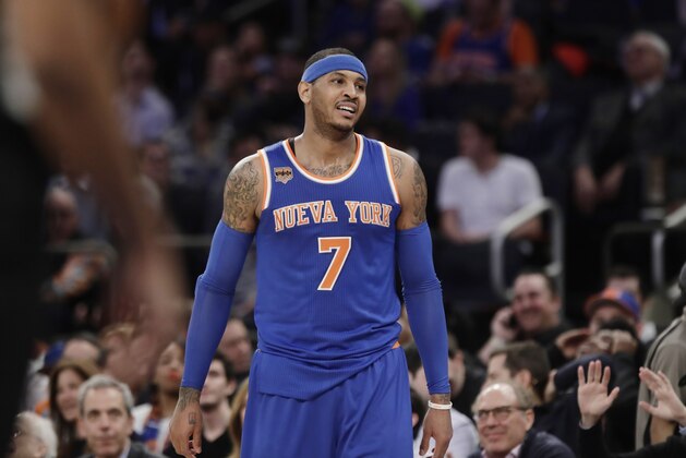 New York Knicks' Carmelo Anthony reacts to being called for a foul during the second half of the team's NBA basketball game against the Brooklyn Nets on Thursday, March 16, 2017, in New York. The Nets won 121-110. (AP Photo/Frank Franklin II)