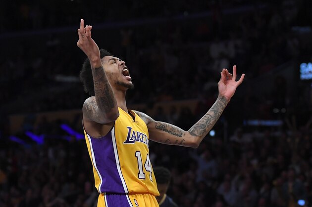 Los Angeles Lakers forward Brandon Ingram celebrates after scoring during the second half of the team's NBA basketball game against the New Orleans Pelicans, Tuesday, April 11, 2017, in Los Angeles. The Lakers won 108-96. (AP Photo/Mark J. Terrill)
