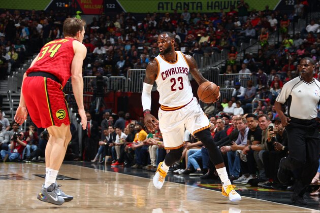 ATLANTA, GA - APRIL 9:  LeBron James #23 of the Cleveland Cavaliers handles the ball during a game against the Atlanta Hawks on April 9, 2017 at Philips Arena in Atlanta, Georgia. NOTE TO USER: User expressly acknowledges and agrees that, by downloading and/or using this photograph, user is consenting to the terms and conditions of the Getty Images License Agreement. Mandatory Copyright Notice: Copyright 2017 NBAE (Photo by Kevin Liles/NBAE via Getty Images)