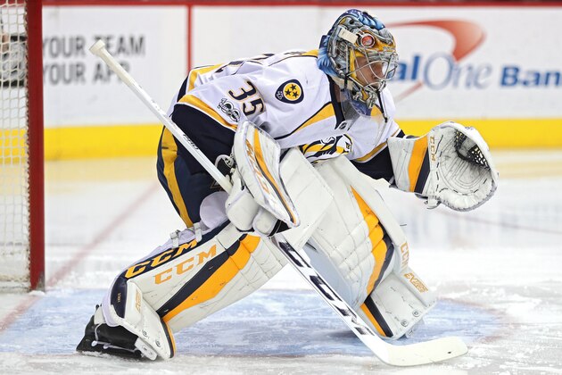 WASHINGTON, DC - MARCH 16: Goalie Pekka Rinne #35 of the Nashville Predators tends the net against the Washington Capitals during the second period at Verizon Center on March 16, 2017 in Washington, DC. (Photo by Patrick Smith/Getty Images)