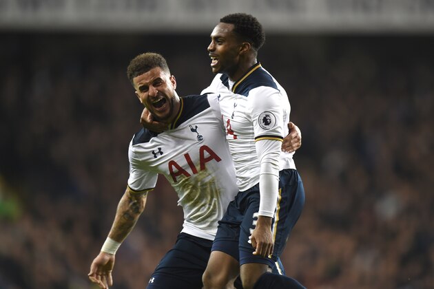 LONDON, ENGLAND - DECEMBER 18:  Danny Rose of Tottenham Hotspur celebrates scoring their second goal with Kyle Walker of Tottenham Hotspur during the Barclays Premier League match between Tottenham Hotspur and Burnley at White Hart Lane on December 18, 2016 in London, England.  (Photo by Tony Marshall/Getty Images)