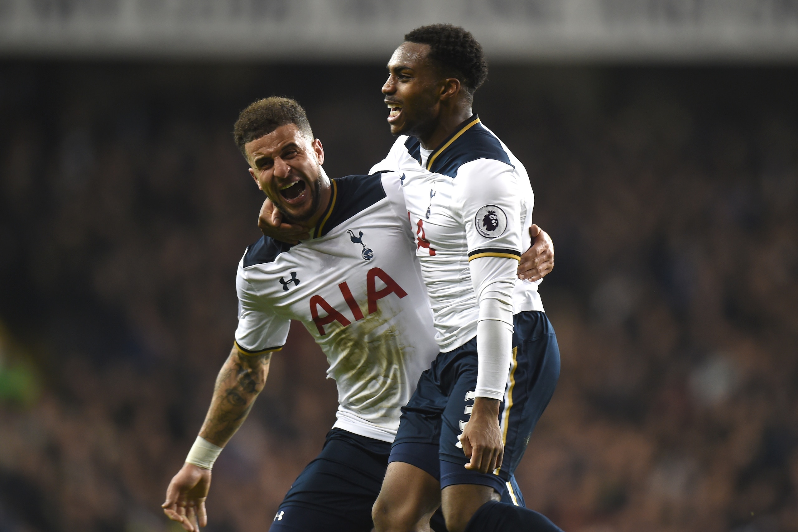 LONDON, ENGLAND - DECEMBER 18:  Danny Rose of Tottenham Hotspur celebrates scoring their second goal with Kyle Walker of Tottenham Hotspur during the Barclays Premier League match between Tottenham Hotspur and Burnley at White Hart Lane on December 18, 2016 in London, England.  (Photo by Tony Marshall/Getty Images)