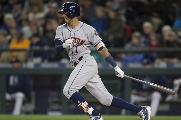 SEATTLE, WA - APRIL 10: Carlos Correa #1 of the Houston Astros takes a swing during an at-bat in the against the Seattle Mariners home opener at Safeco Field on April 10, 2017 in Seattle, Washington. The Mariners won 6-0. (Photo by Stephen Brashear/Getty Images)