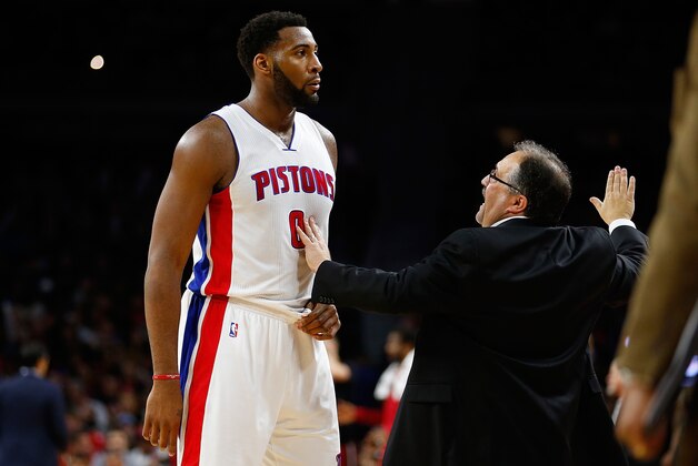 AUBURN HILLS, MI - April 12: Andre Drummond #0 of the Detroit Pistons talks with head coach Stan Van Gundy while playing the Miami Heat at the Palace of Auburn Hills on April 12, 2016 in Auburn Hills, Michigan. NOTE TO USER: User expressly acknowledges and agrees that, by downloading and or using this photograph, User is consenting to the terms and conditions of the Getty Images License Agreement.  (Photo by Gregory Shamus/Getty Images)