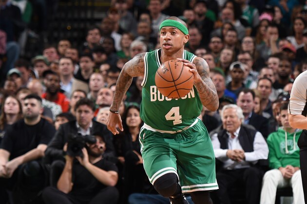 BOSTON, MA - APRIL 5: Isaiah Thomas #4 of the Boston Celtics brings the ball up court against the Cleveland Cavaliers during the game on April 5, 2017 at the TD Garden in Boston, Massachusetts.  NOTE TO USER: User expressly acknowledges and agrees that, by downloading and or using this photograph, User is consenting to the terms and conditions of the Getty Images License Agreement. Mandatory Copyright Notice: Copyright 2017 NBAE  (Photo by Brian Babineau/NBAE via Getty Images)
