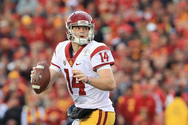 PASADENA, CA - JANUARY 02:  Quarterback Sam Darnold #14 of the USC Trojans looks to pass the ball against the Penn State Nittany Lions during the 2017 Rose Bowl Game presented by Northwestern Mutual at the Rose Bowl on January 2, 2017 in Pasadena, California.  (Photo by Sean M. Haffey/Getty Images)