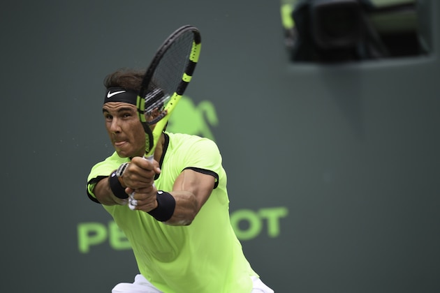 KEY BISCAYNE, FL - APRIL 02:  Rafael Nadal of Spain in action against Roger Federer of Switzerland during the Men's Final at Crandon Park Tennis Center on April 2, 2017 in Key Biscayne, Florida.  (Photo by Ron Elkman/Sports Imagery/Getty Images)