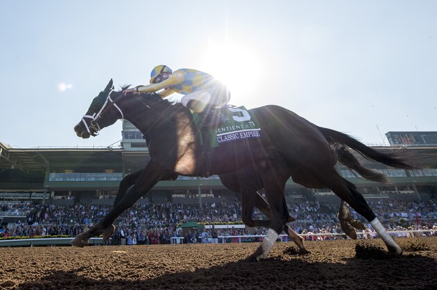 ARCADIA, CA - NOVEMBER 05: Classic Empire #5, ridden by Julien Leparoux, wins the Sentient Jet Breeders' Cup Juvenile during day two of the 2016 Breeders' Cup World Championships at Santa Anita Park on November 5, 2016 in Arcadia, California. (Photo by Alex Evers/Eclipse Sportswire/Breeders Cup)