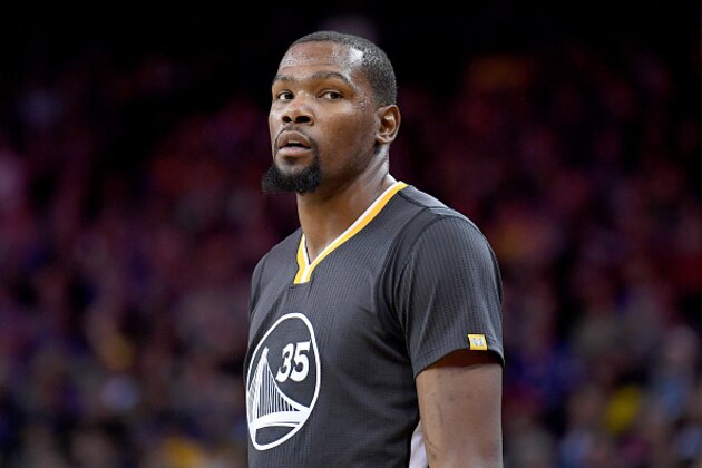 OAKLAND, CA - APRIL 08:  Kevin Durant #35 of the Golden State Warriors looks on against the New Orleans Pelicans during an NBA Basketball game at ORACLE Arena on April 8, 2017 in Oakland, California. NOTE TO USER: User expressly acknowledges and agrees that, by downloading and or using this photograph, User is consenting to the terms and conditions of the Getty Images License Agreement.  (Photo by Thearon W. Henderson/Getty Images)