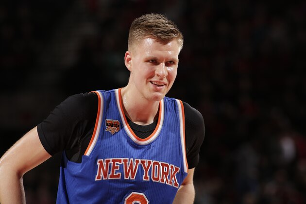 PORTLAND, OR - MARCH 23: Kristaps Porzingis #6 of the New York Knicks reacts to a play during the game against the Portland Trail Blazers on March 23, 2017 at the Moda Center in Portland, Oregon. NOTE TO USER: User expressly acknowledges and agrees that, by downloading and or using this Photograph, user is consenting to the terms and conditions of the Getty Images License Agreement. Mandatory Copyright Notice: Copyright 2017 NBAE (Photo by Cameron Browne/NBAE via Getty Images)